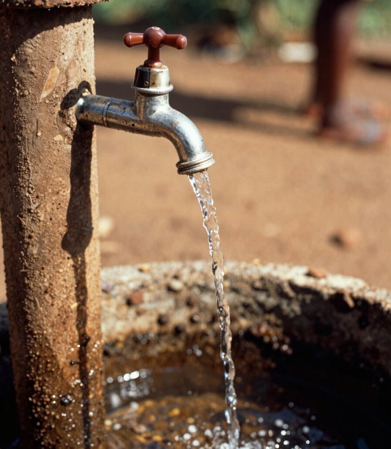 A close-up of clean water flowing from a newly installed community tap stand, warm equatorial sunlight, rich earthy tones, 35mm editorial photography.