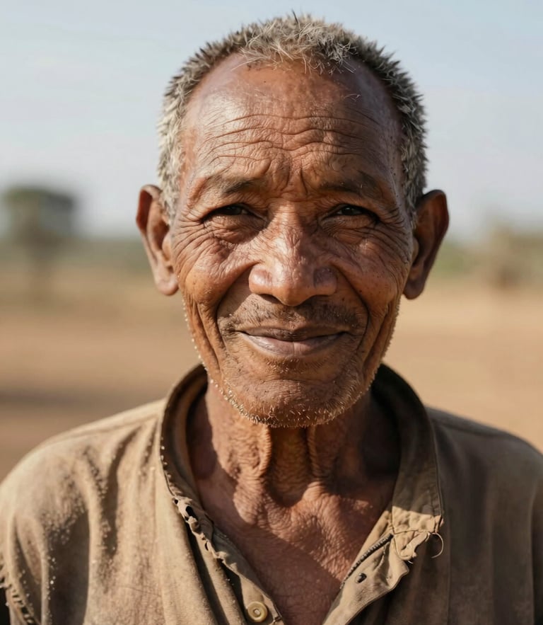 A close-up portrait of a Manyu village elder smiling warmly in natural equatorial sunlight, rich earthy tones, authentic community-led development, 35mm.