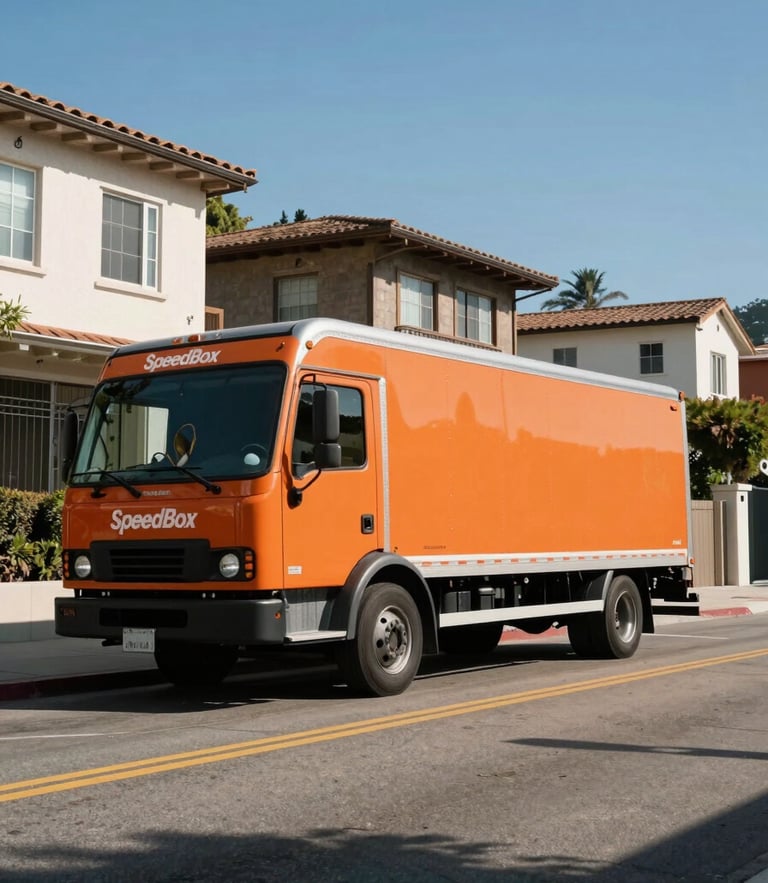 Low-angle wide shot of a clean, branded orange SpeedBox moving truck parked precisely on a steep, sunlit street in the Hollywood Hills, sharp shadows, clear sky, modern residential architecture in background.