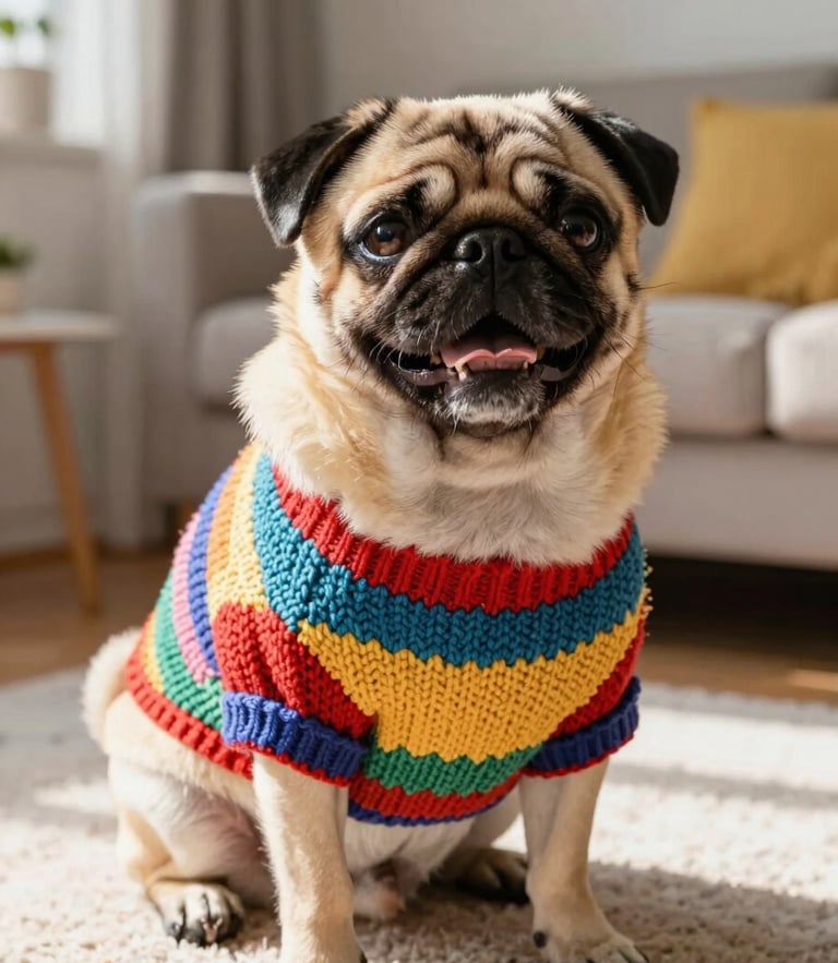 A happy pug wearing a colorful handmade knit sweater in a sunlit cozy living room, warm daylight