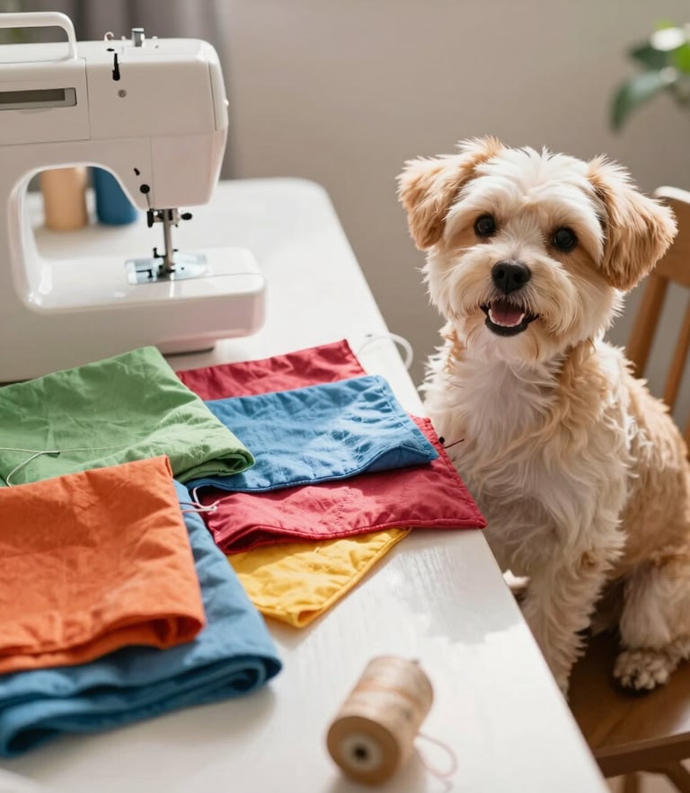 A warm, natural light photograph of a cheerful family workshop table with colorful fabrics, sewing machine, and a happy small dog sitting nearby looking at the camera, soft shadows, detailed textile textures.