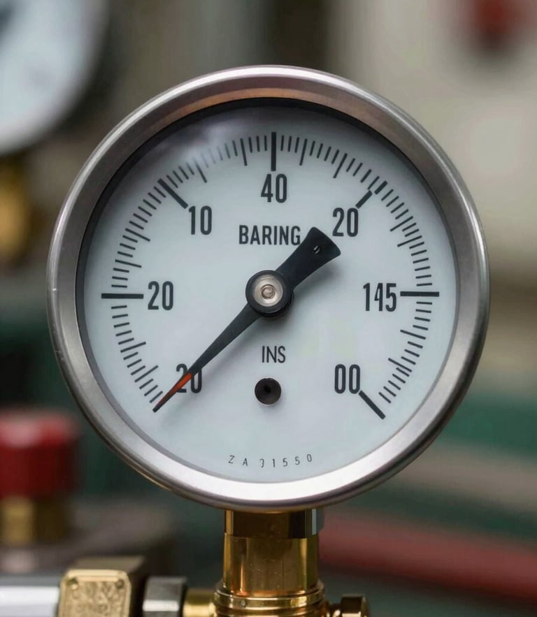 Macro close-up of a high-precision marine pressure gauge, safety orange pointer, brass threads, crisp industrial lighting, ship engine room background.