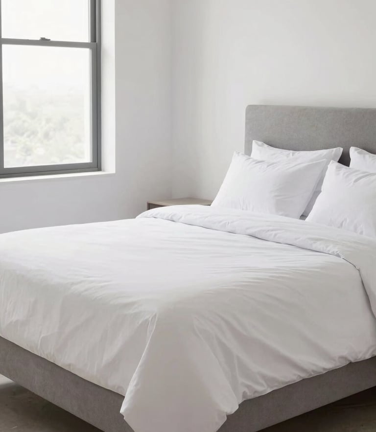Bright modern bedroom in Saltillo with a neatly made queen size bed, soft daylight streaming through a window, clean white sheets, neutral gray headboard, editorial 50mm lens style.