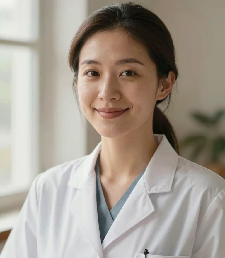 Warm editorial portrait of a female health journalist in her 30s, soft natural daylight from a window, smiling gently, neutral organic background, shallow depth of field, 35mm