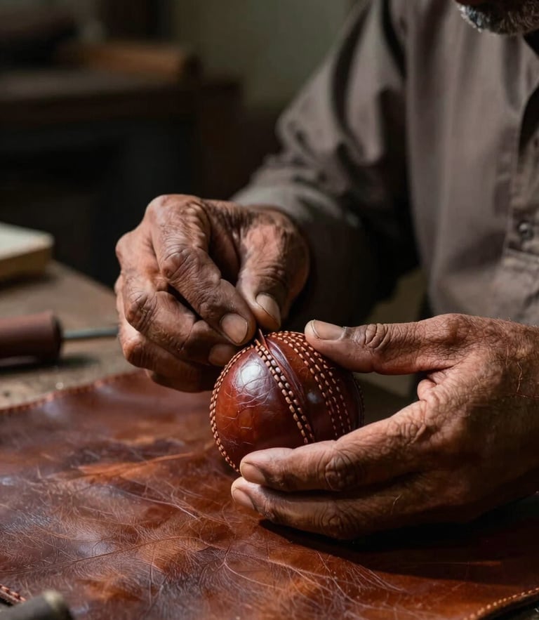 Dramatic environmental portrait of a master leather craftsman hand-stitching a cricket ball in a Kasur workshop, side-lit with deep shadows highlighting raw leather textures