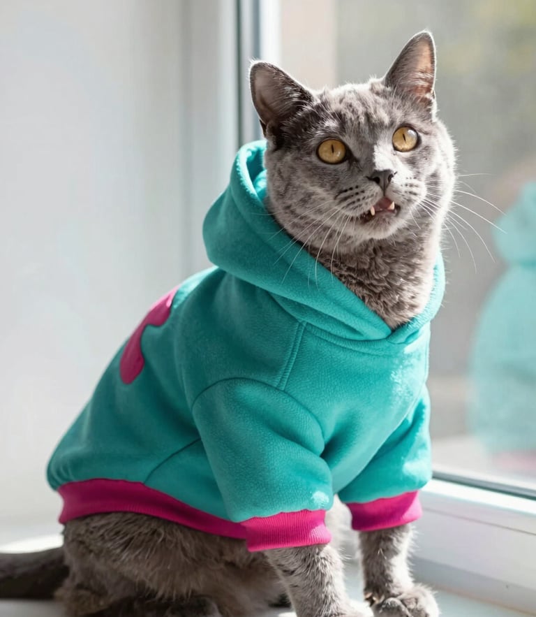 Bright editorial pet photography of a happy grey cat wearing a custom teal hoodie, sitting comfortably near a sunlit window, shallow depth of field