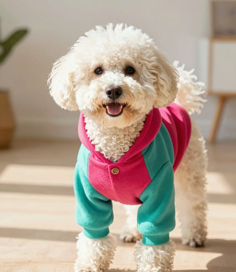 Bright editorial pet photography, a happy fluffy dog wearing a perfectly fitting colorful knit hoodie, warm natural daylight indoor setting