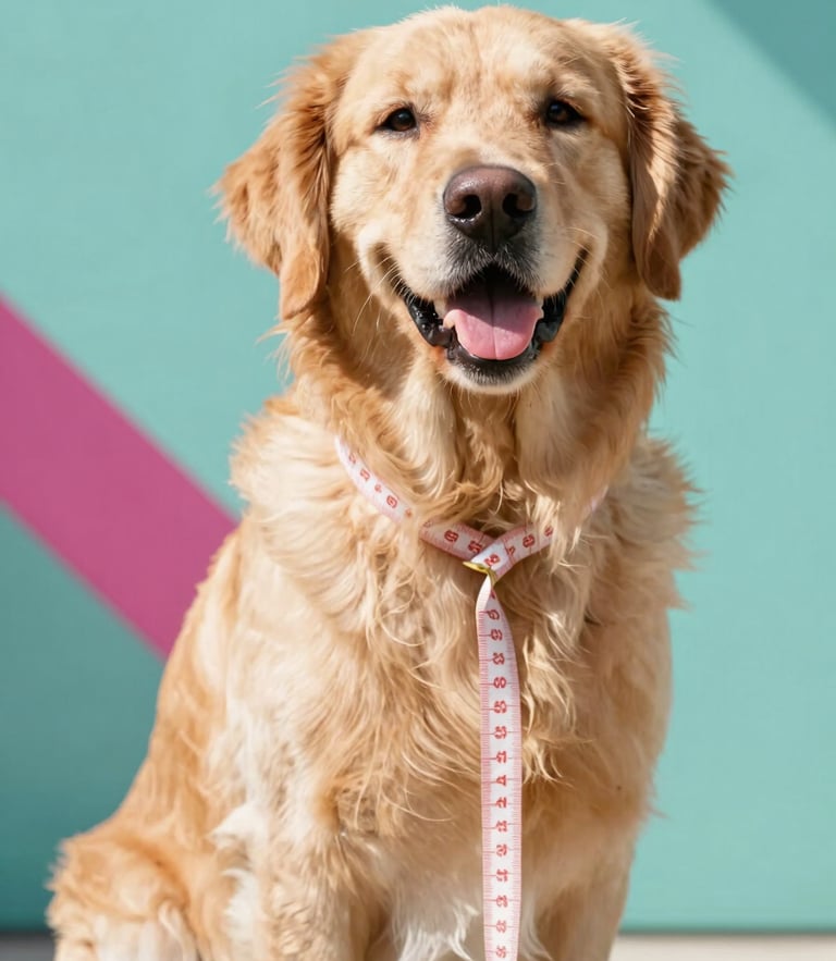 Bright editorial pet photography, a happy golden retriever sitting calmly while a soft fabric tape measure gently wraps around its chest, natural daylight, soft teal background.