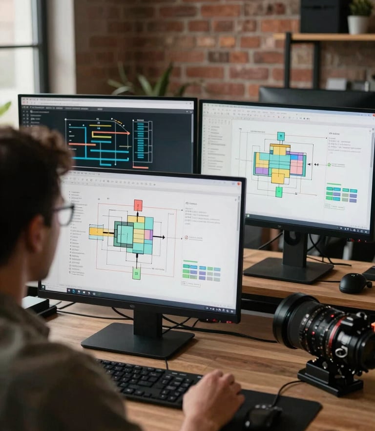 Over-the-shoulder wide shot of a developer analyzing complex system architecture diagrams on dual high-contrast monitors in a brick-walled workshop, natural side-light.