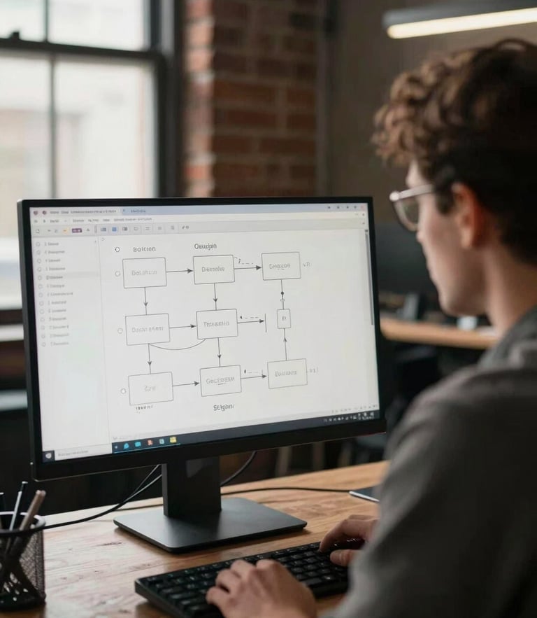 Over-the-shoulder shot of a developer analyzing system schemas on a vertical monitor, warm side-light from an industrial window illuminating a brick-and-steel workspace.