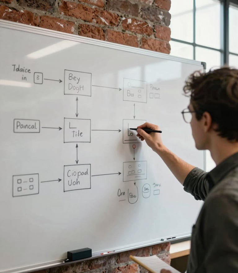 Over-the-shoulder view of a developer mapping out a complex database schema on a physical whiteboard in a brick-walled workshop, sharp side lighting from an industrial window.