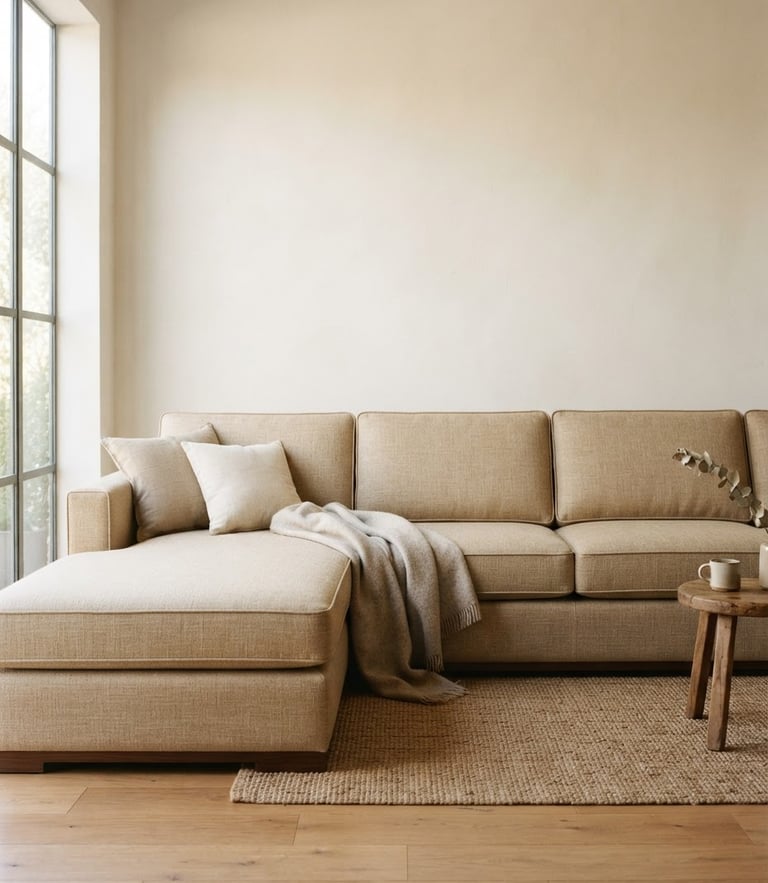 Straight-on eye-level shot of a tailored L-shape sofa in a warm, sunlit living room with minimal styling, soft natural side-light, sand fabric texture, 35mm.