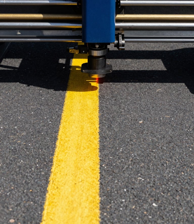 Symmetrical close-up of a laser-guided striping machine painting a crisp, sharp yellow line on dark asphalt under bright midday sun, high contrast.