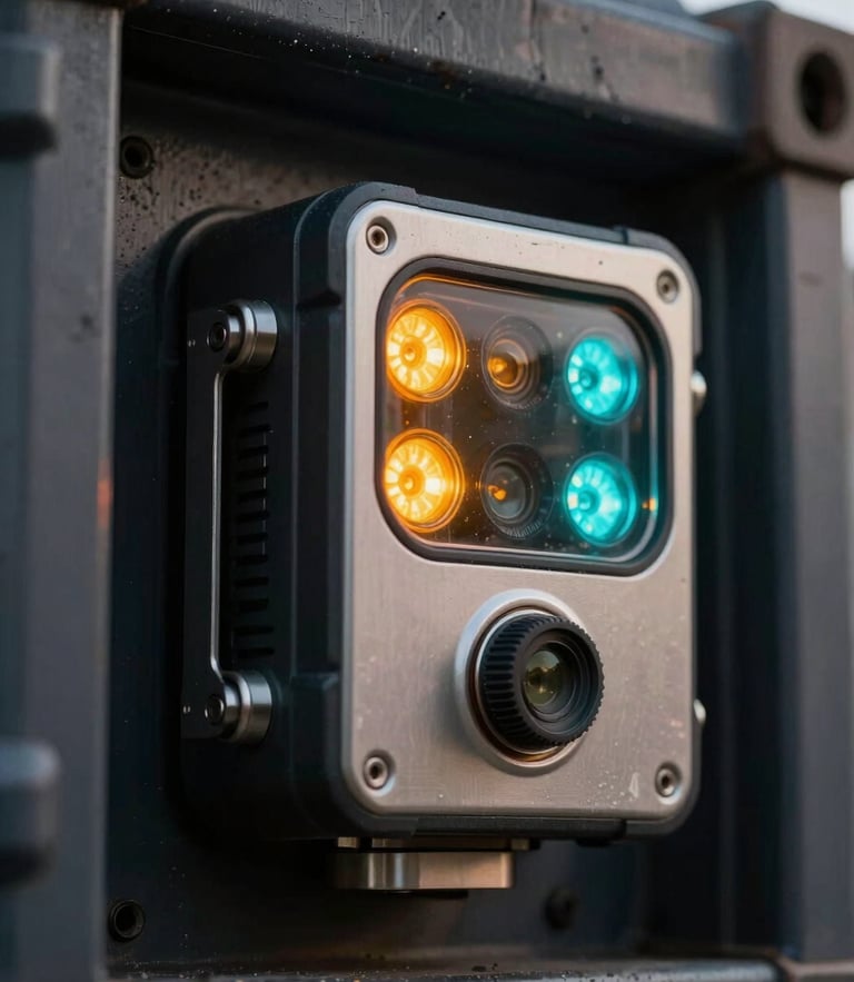 Extreme close-up of a ruggedized AeroChain telemetry sensor mounted inside a dark cargo container, amber and cyan LED status lights glowing, reflecting on metallic housing, sharp technical detail.