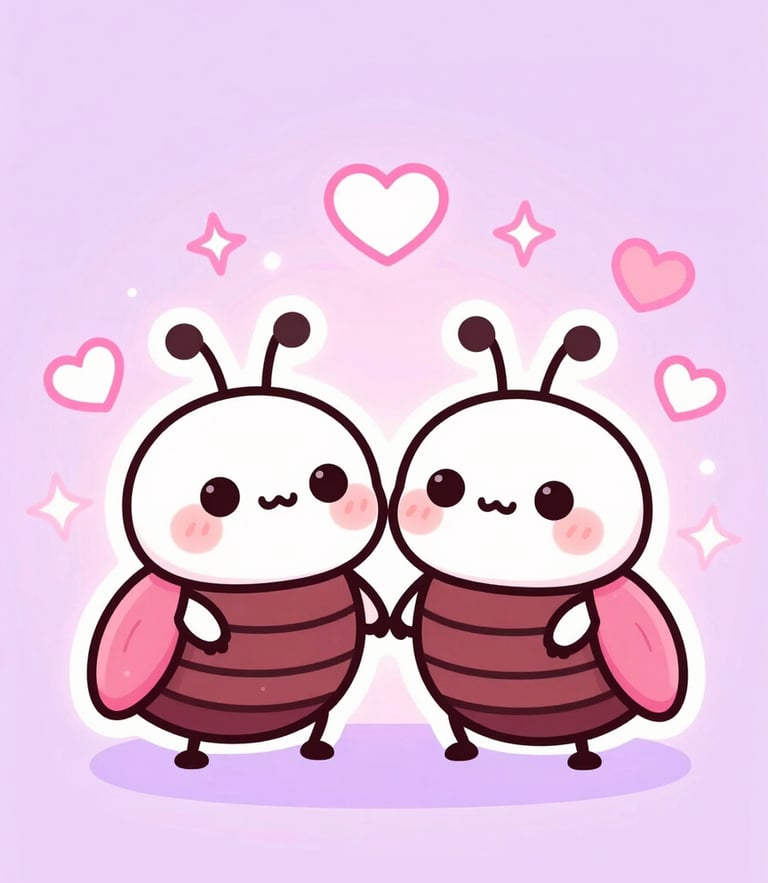 Cute pastel kawaii vector illustration of two adorable big-eyed cartoon roaches holding hands and blushing, soft glowing pink light, floating hearts and sparkles in the background