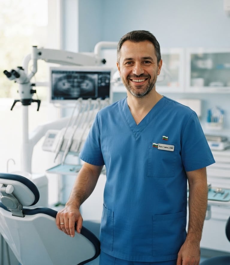 Professional portrait of a Bulgarian male dentist in clean blue medical scrubs, smiling warmly in a bright, modern clinic with digital dental equipment in the soft-focus background, natural daylight, 35mm.
