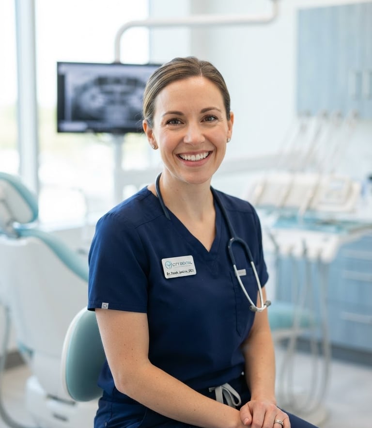 Bright clean clinical portrait of a professional female dentist in blue scrubs smiling warmly, modern dental clinic background, shallow depth of field, 35mm