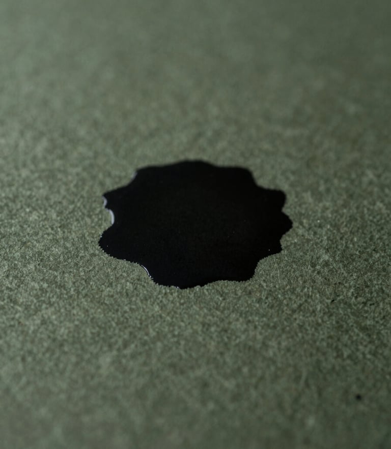 Macro shot of ink drying on textured heavy-weight paper, soft diffused daylight, deep olive and black tones, moody editorial photography, 35mm