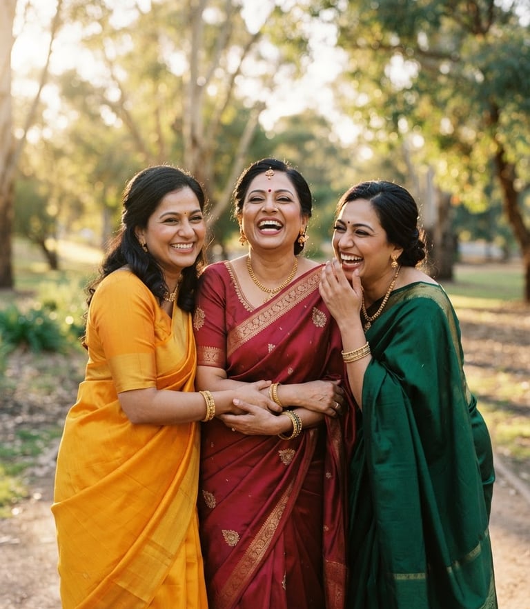 Warm editorial portrait of three South Asian women laughing together in Albury, draped in elegant silk sarees of deep crimson and marigold, golden-hour sunlight filtering through trees, shallow depth of field, 35mm film style