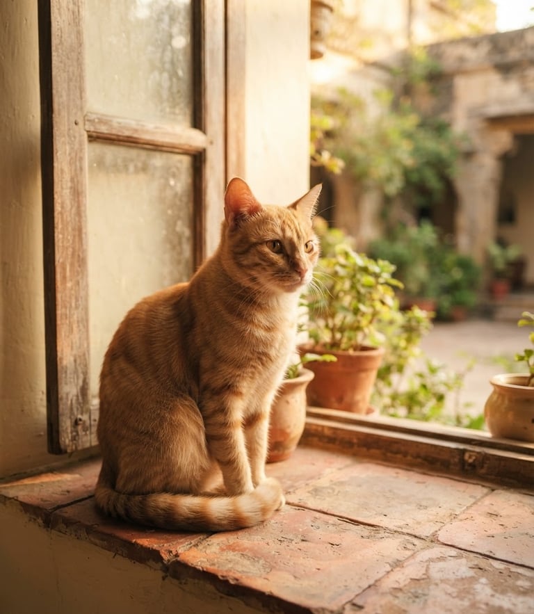 A beautiful native Indian ginger indie cat sitting gracefully on a sunlit terracotta tiled window sill, warm golden-hour light