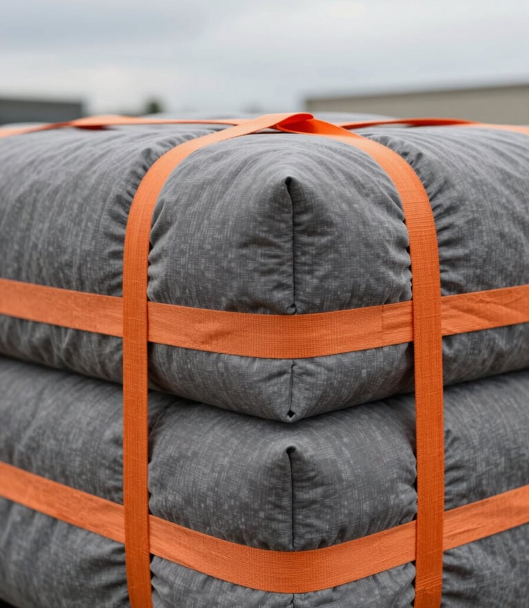 Tight geometric close-up of heavy-duty moving blankets wrapped around designer furniture, secured perfectly with orange tension straps, crisp overcast daylight.
