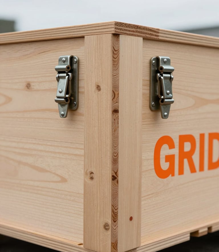 Tight geometric close-up of a custom timber crate edge, heavy-duty metal latches, industrial safety orange stencil lettering reading GRID, crisp overcast light.