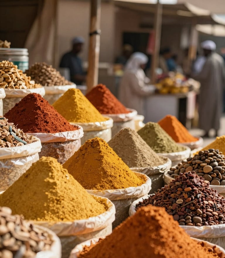 Warm editorial photography of a vibrant Sudanese market stall with colorful spices, bright natural daylight, rich gold tones.