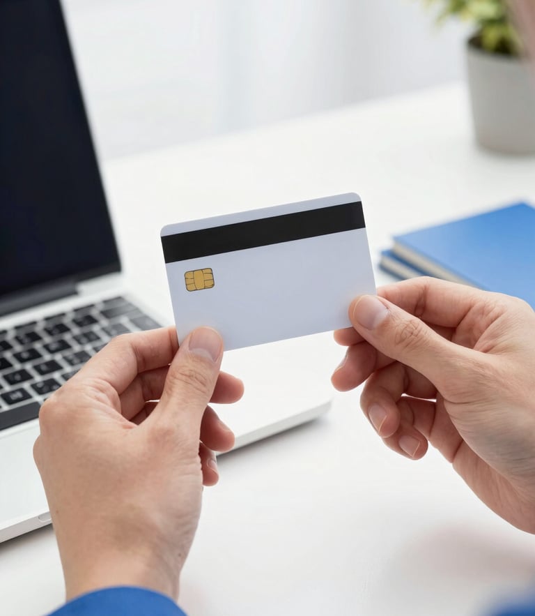 Straight-on close-up of hands holding a clean plastic smart card over an organized office desk with a laptop, bright high-key daylight, corporate blue accents
