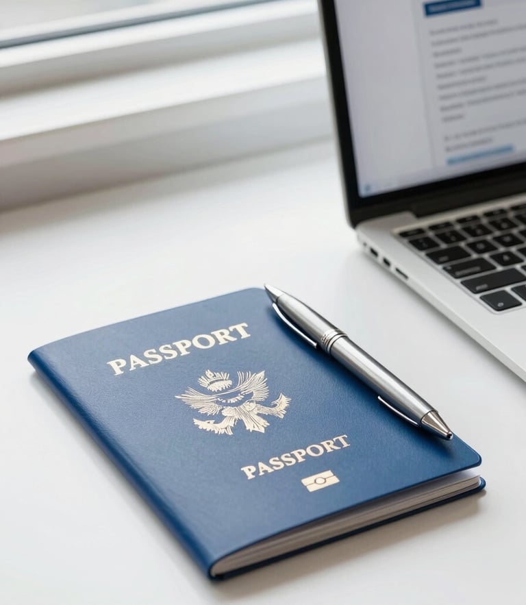 A close-up of a neat desk with a blue passport folder, a metallic pen, and a laptop showing an official application portal under bright window light.