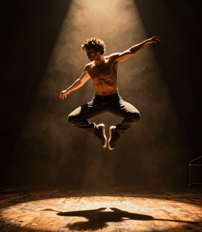 Low-angle dynamic action shot of Nico S. Rubio mid-air, dramatic theatrical spotlight from above casting warm gold backlighting, deep shadows, wooden stage floor, 35mm film.