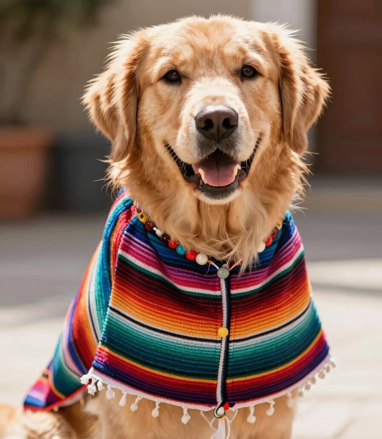 Vibrant pet photography, a happy golden retriever wearing a colorful handcrafted Mexican poncho, looking directly at the camera, bright natural daylight, shallow depth of field, warm editorial style, 35mm