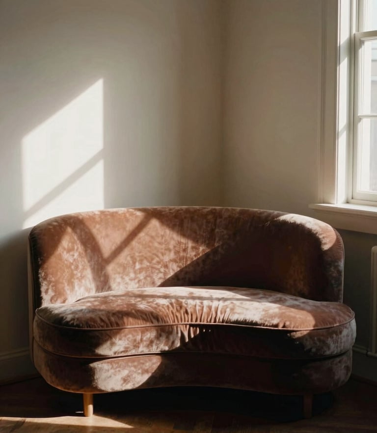 Straight-on architectural crop of a curved velvet loveseat in a narrow sunlit apartment corner, dramatic window light casting long shadows