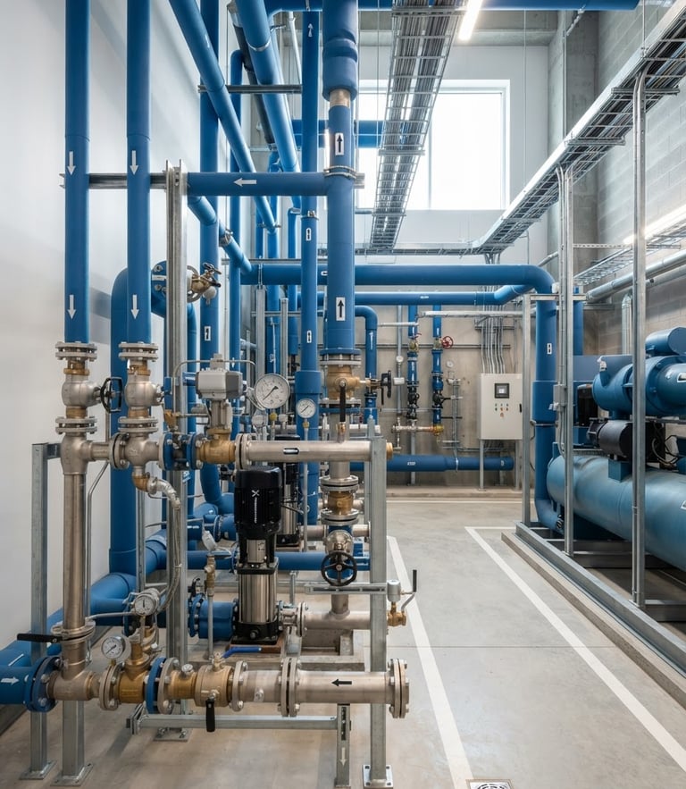 Bright clean daylight shot of an organized commercial mechanical room with blue pipes and metallic valves, architectural focus, sharp corporate photography