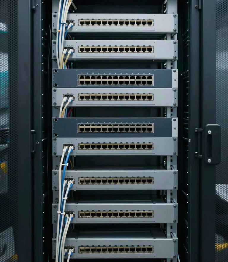Straight-on documentary-style medium shot of server racks with visible cabling and neatly organized ethernet ports, cool realistic warehouse lighting, highly technical and structured layout, no abstract digital grids.