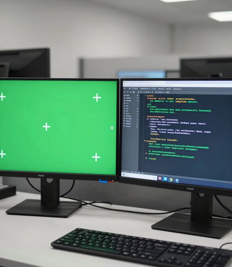 Straight-on documentary shot of a legacy green-screen terminal interface side-by-side with a modern clean command-line terminal on a dual-monitor setup in a logistics office.