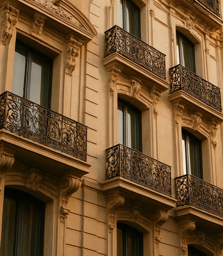 Elegant close-up of a classic Madrid building facade on Gran Vía, warm golden hour sunlight reflecting off stone balconies, architectural detail, 35mm lens