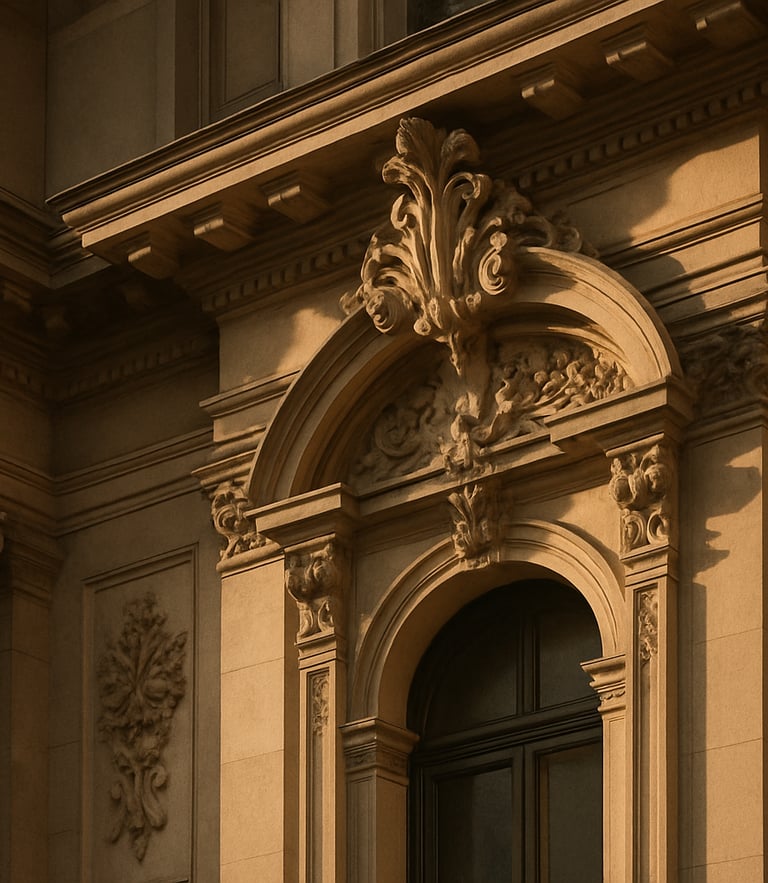 An elegant architectural detail of a Madrid historic building facade on Gran Vía, warm golden-hour sunlight casting soft shadows on ornate stone carvings, 35mm lens, minimalist composition.