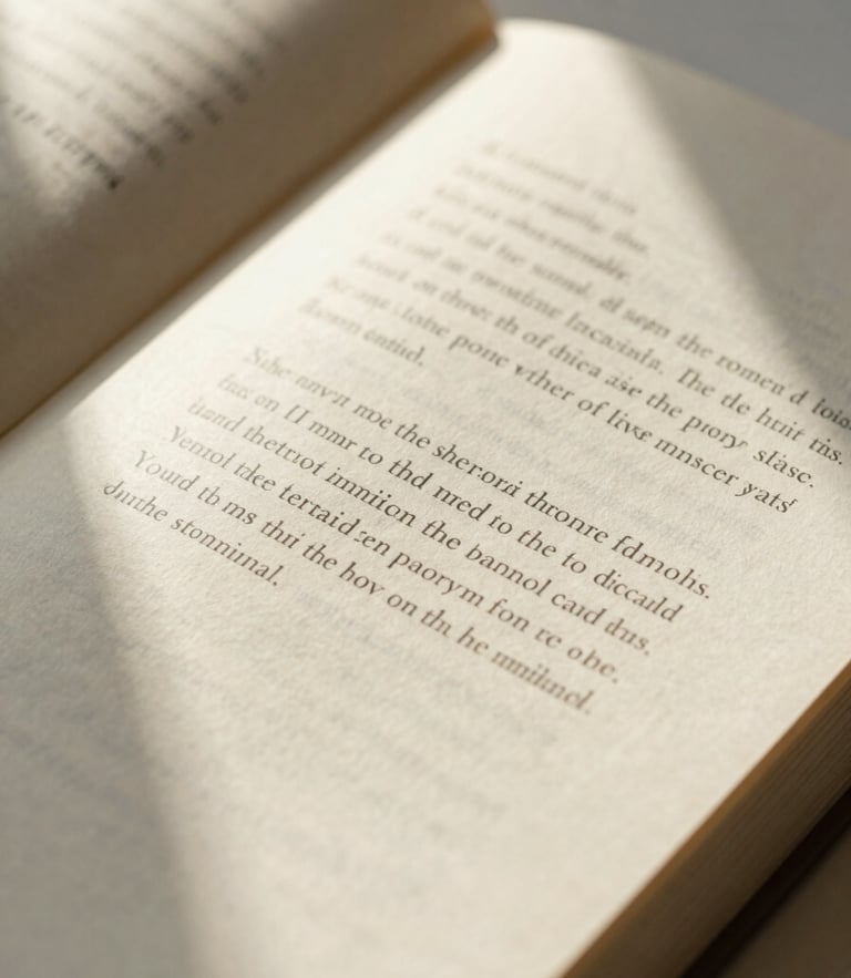 Overhead macro shot of an open book showing beautiful typography texture on warm cream paper, soft directional natural window light, 35mm