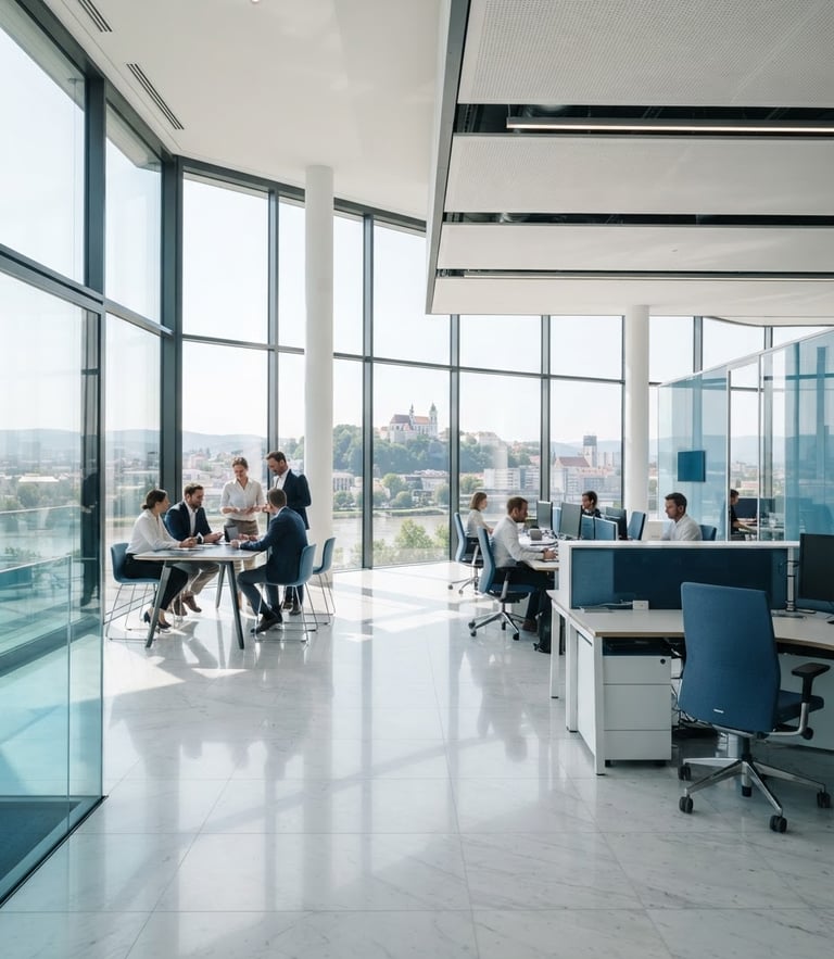 Bright sunlit modern office space in Linz with clean glass windows, soft daylight reflecting on pristine marble floors, high-end professional architectural photography, 35mm