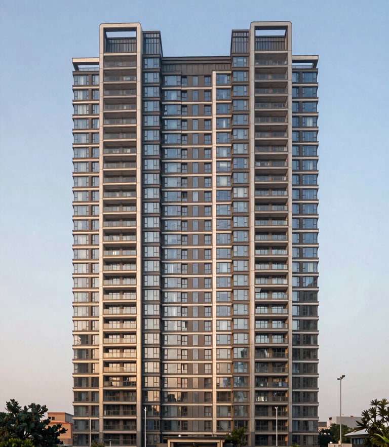 Wide-angle architectural perspective of a premium high-rise apartment building along Dwarka Expressway at golden hour, clean symmetrical composition, warm daylight reflecting off glass facades.