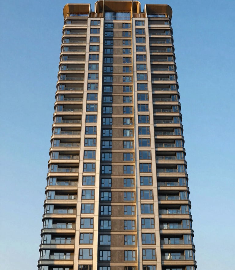 Symmetrical architectural perspective of a modern luxury high-rise tower facade against a clear blue sky, shot at golden hour