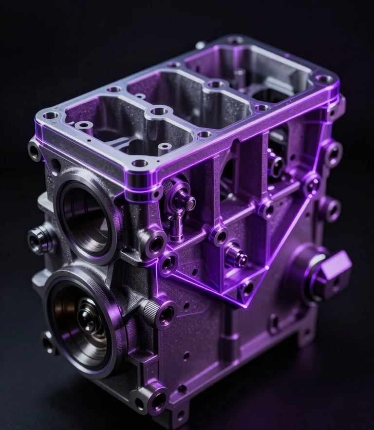 Macro shot of a high-end mechanical engine block, sharp metallic textures, neon purple laser wireframe overlay, dramatic low-key studio lighting, dark background, 35mm