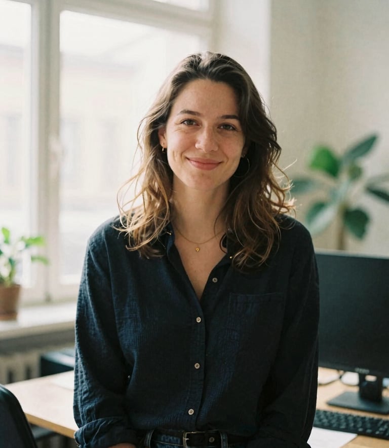 Intimate environmental portrait of a friendly financial coordinator in a warm, sunlit Berlin office, natural daylight, soft organic tones, 35mm film look