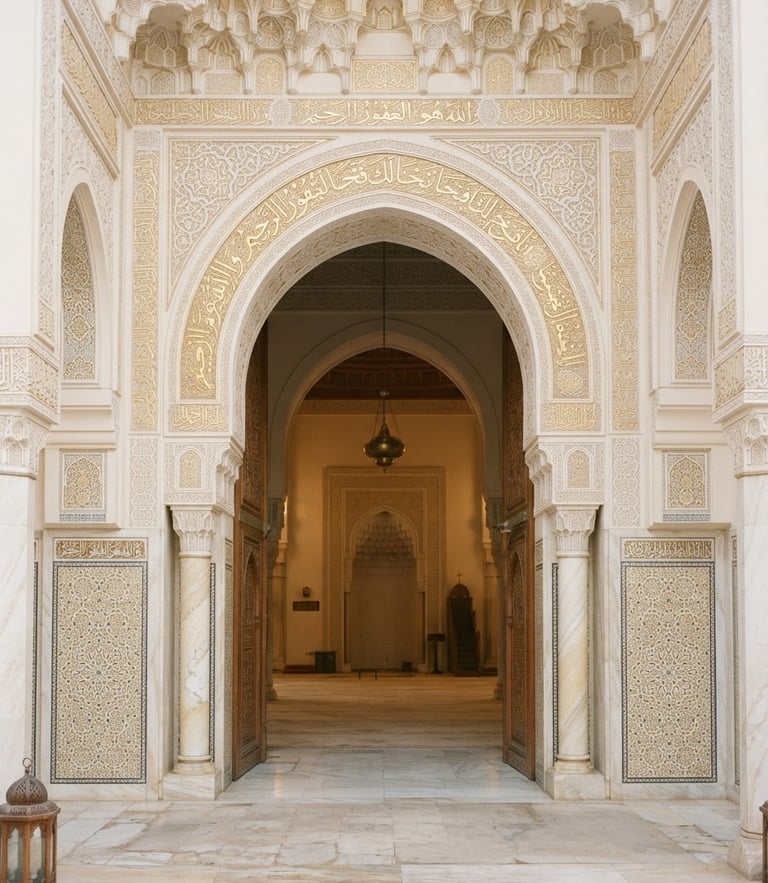 Bright Islamic architectural photography of a serene mosque archway, soft natural daylight, pale cream and gold tones, elegant calligraphy, 35mm
