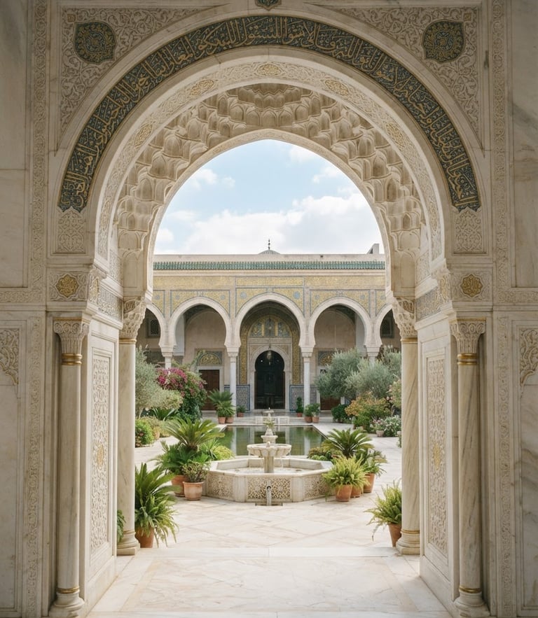 Bright Islamic architectural photography, soft natural daylight illuminating a marble archway looking into a serene courtyard, cream and gold tones, 35mm