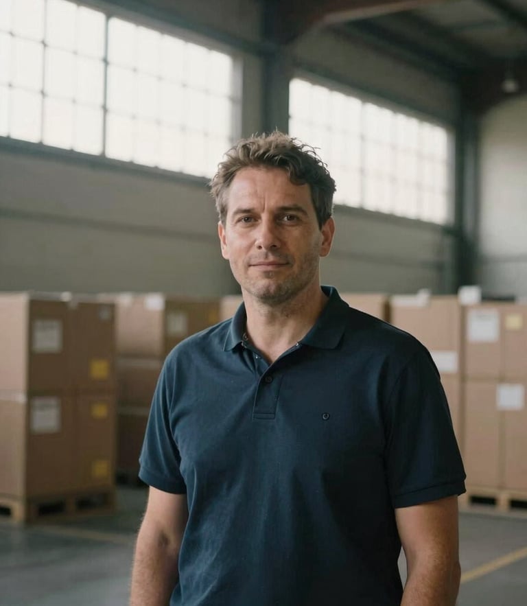Environmental portrait of a logistics manager in a high-ceiling Melbourne warehouse, soft natural morning light filtering through high windows, medium format look.