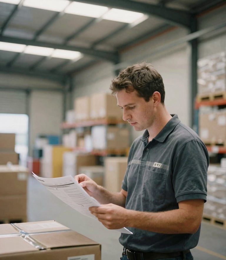 A candid medium shot of a warehouse manager reviewing logistics plans in a modern, sunlit Australian distribution hub, soft natural light, authentic industrial environment, 50mm film look.