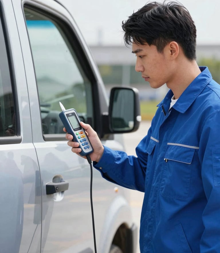 A certified automotive inspector in a clean blue uniform using a digital paint-depth gauge on a silver truck, bright natural daylight, sharp focus