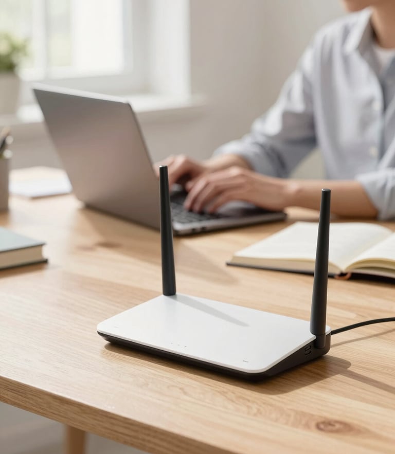 Bright home office with natural daylight, a modern router on a clean wooden desk, a professional working on a laptop in the background, shallow depth of field, 35mm