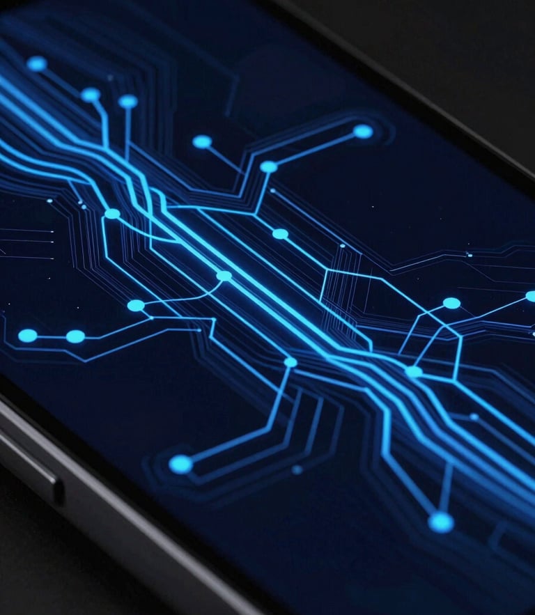 Extreme close-up of a premium smartphone bezel displaying a complex technical system diagram with glowing cobalt paths on a deep obsidian screen, dark editorial technology photography